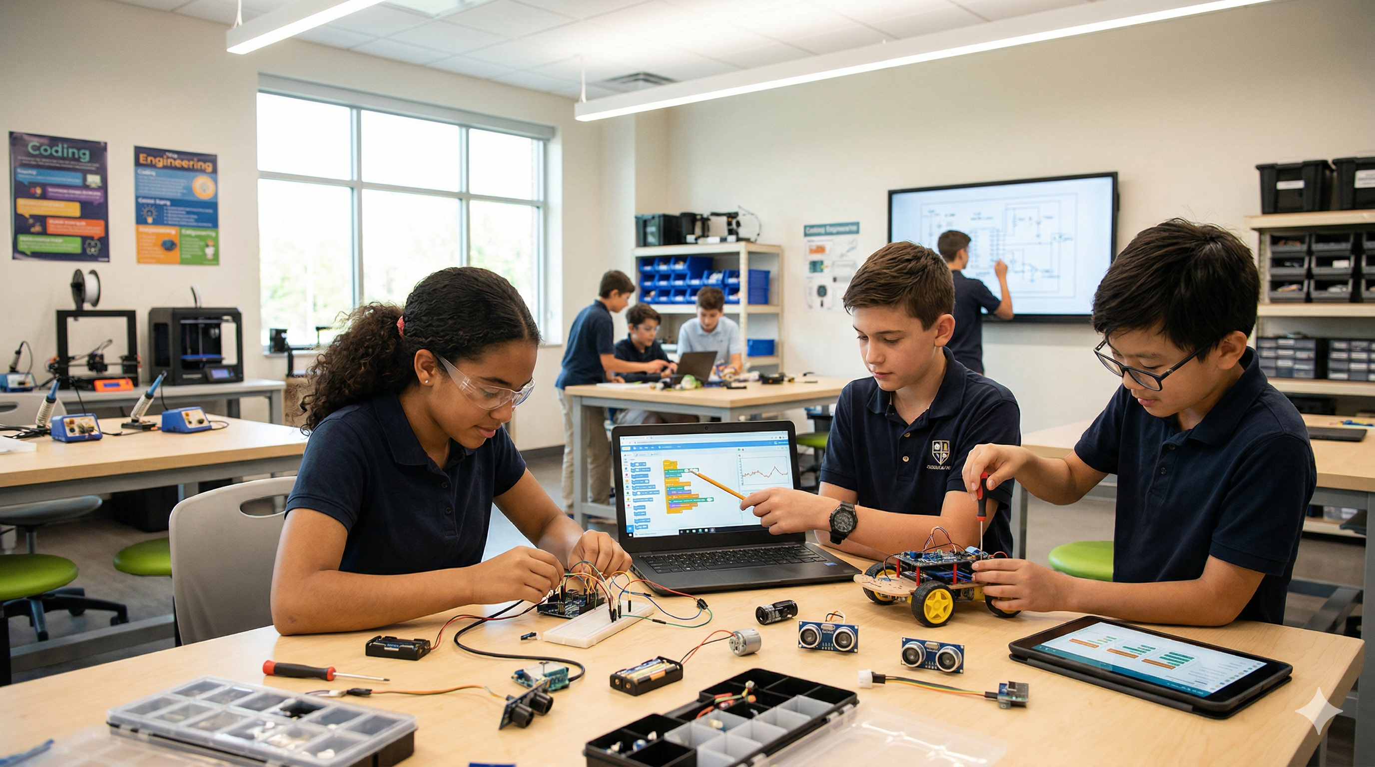 Students learning robotics together